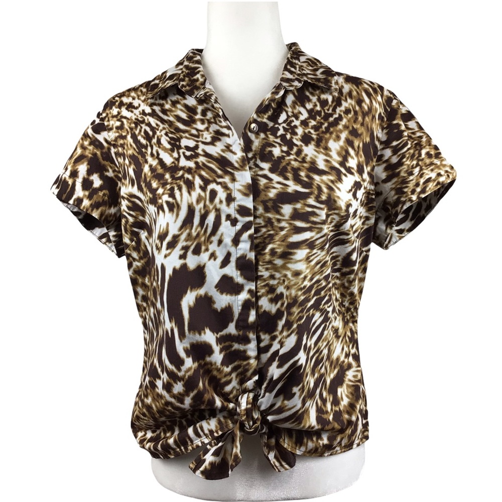 Jones New York Animal Print Short Sleeve, Open Front, Button Down, Tie Waist Top